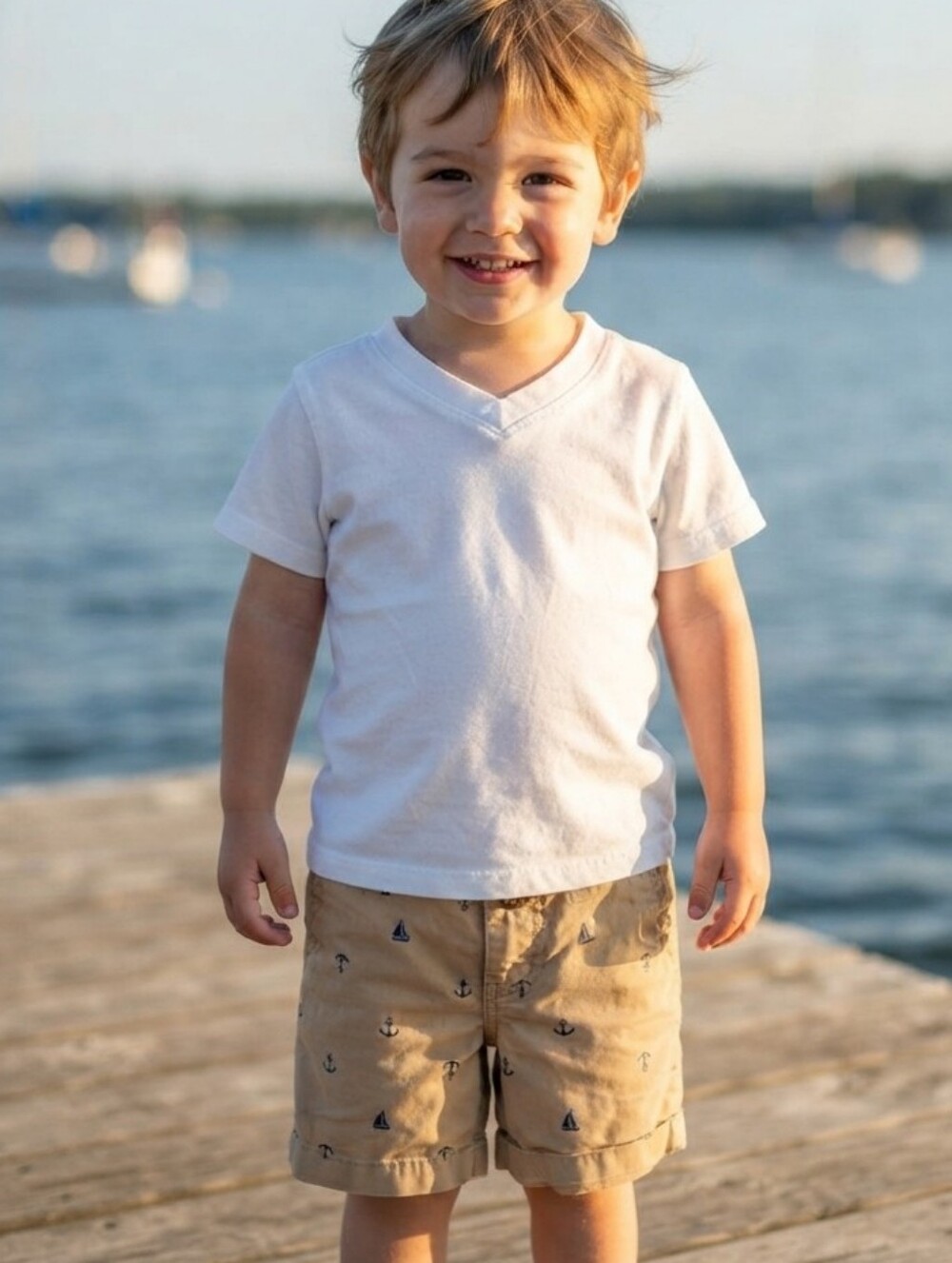 White Tee and Tan Anchor Print Shorts Kids Matching Set